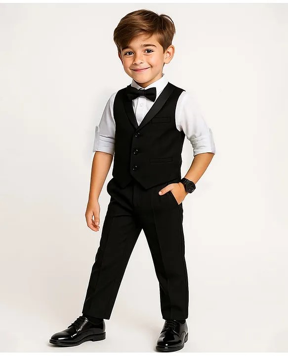 Mark & Mia Cotton Woven Full Sleeves Solid 3 Piece Party Suit With Bow - Black & White